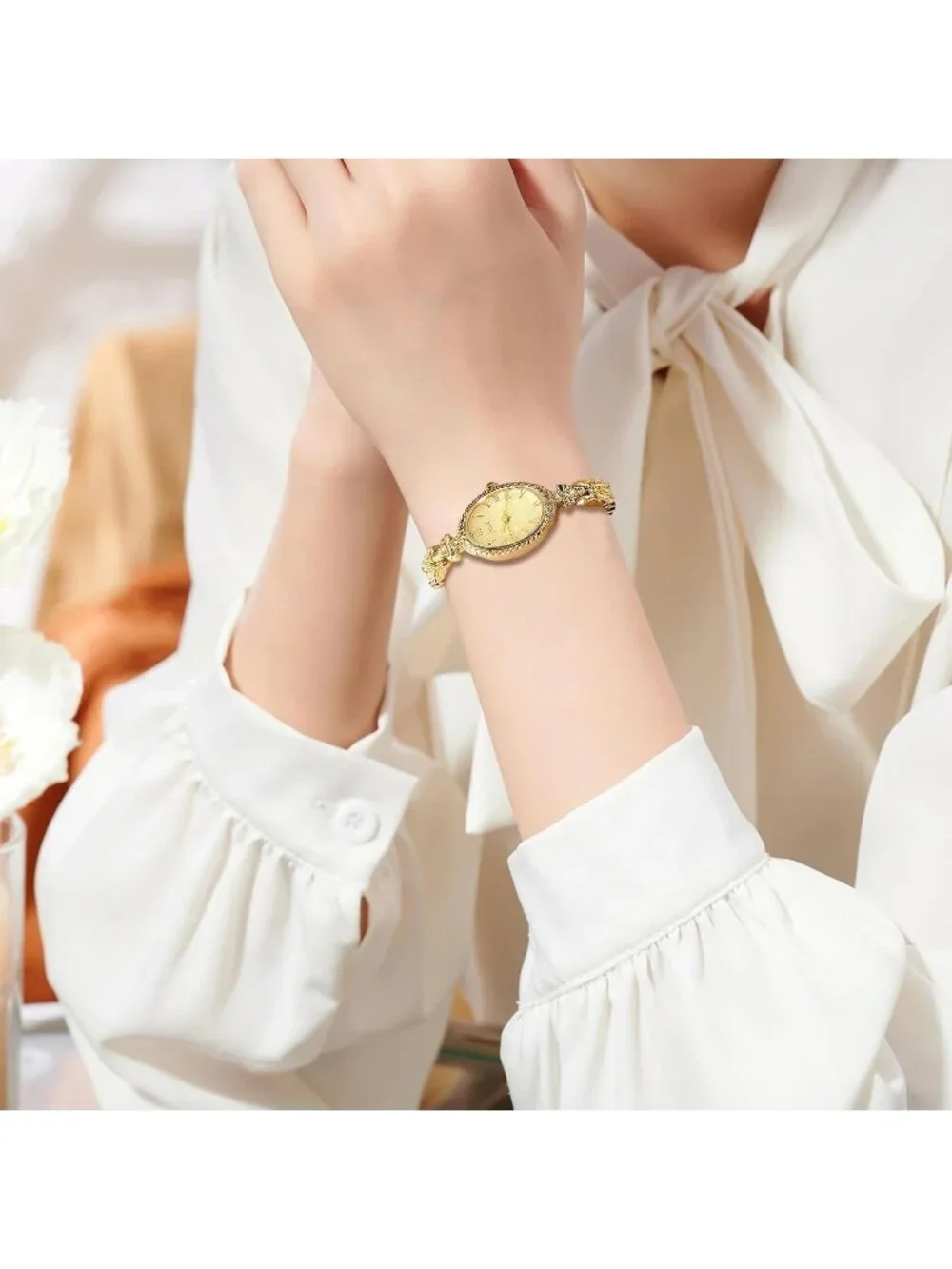 Women's Gold Oval Vintage Bracelet Small Quartz Dress Bangle Analog Watches